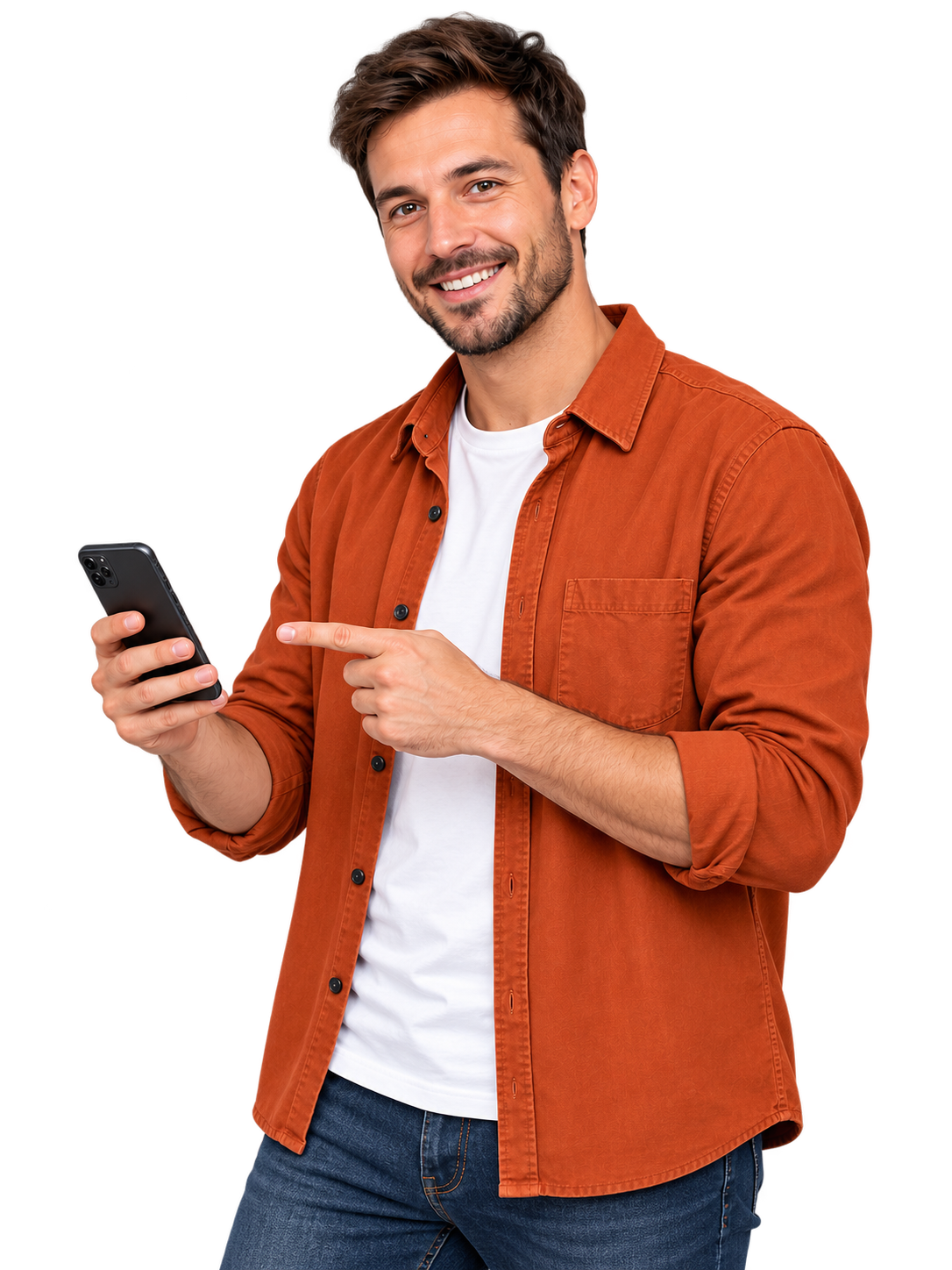 Mann mit Smartphone zeigt auf den Tarifvergleich